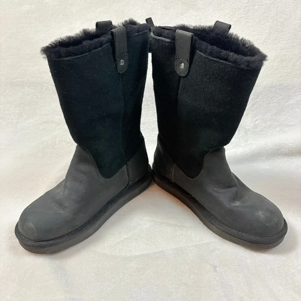 UGG Boots Kids Size 2 Black Good Leather Suede Back Zip Faux‎ Fur 1013287K